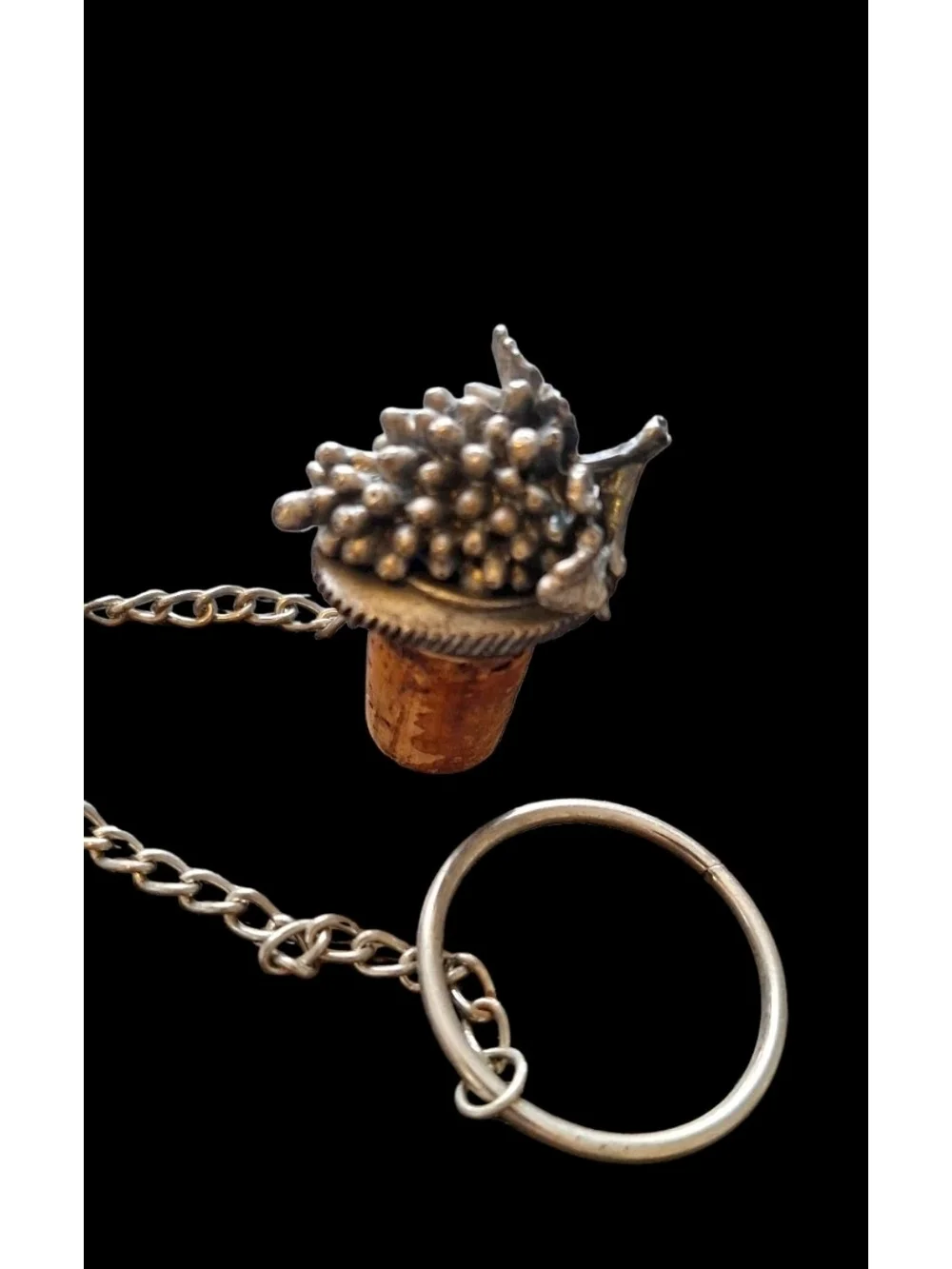 Pewter & Cork Wine Bottle Stopper GRAPE BUNCH DESIGN w/ ring, chain